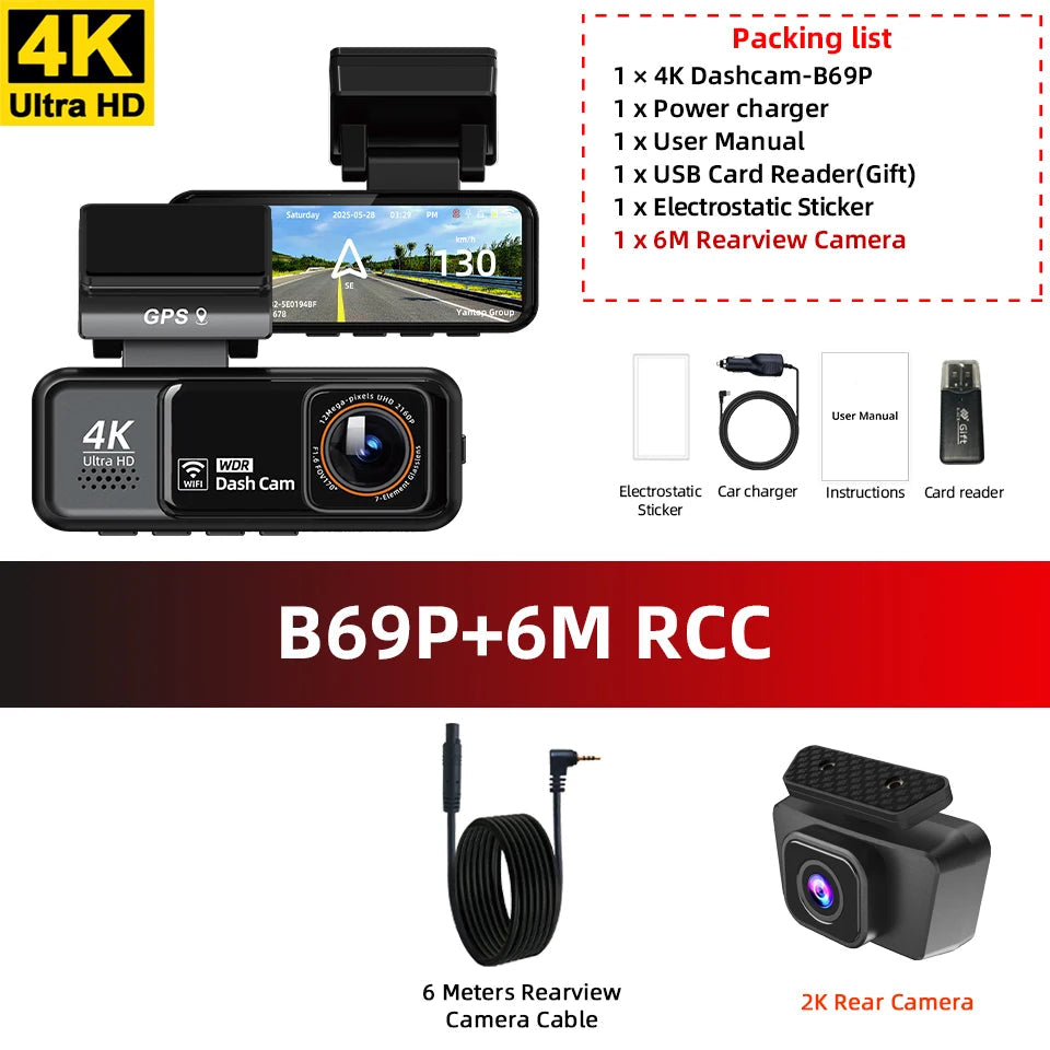 Acceo 4K Dashcam WIFI GPS CAR Video Recorder Dual Lens Support 2.5K Rear Camera Night Vision 24H Parking Monitoring Black Box Car Mobile World