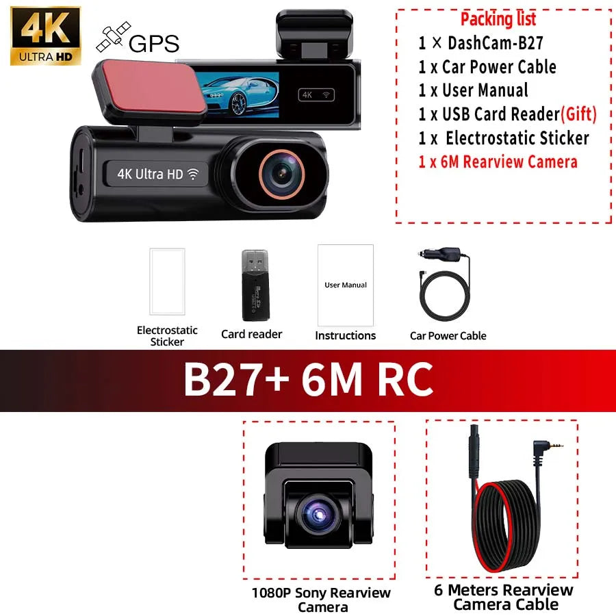 ACCEO Dash Cam WIFI GPS Mini CAR DVR Front 4K And Rear 1080P Dual Lens Black Box Room Camera Night Vision 24H Parking Monitor Car Mobile World