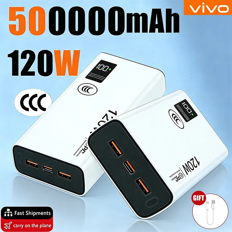 VIVO 2026 Large Capacity 500000mAh Powerbank 120W Fast Charging LEDPower Bank Portable Battery Charger Supply For Iphone Samsung Car Mobile World