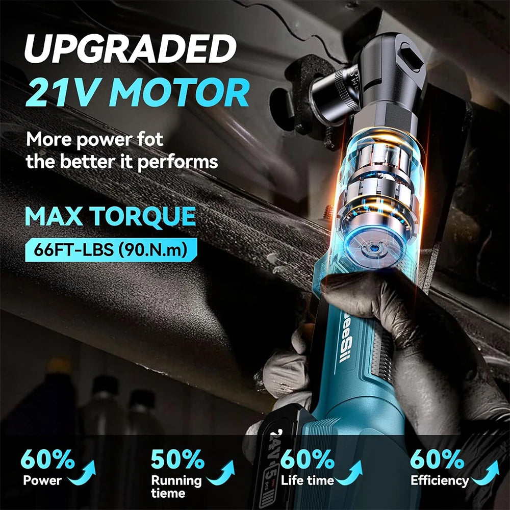 SEESII 3/8' 90Nm Cordless Electric Wrench Cordless Ratchet Wrench with 21V 2pcs Li-Battery Car Repair Tool Set Angle Wrench