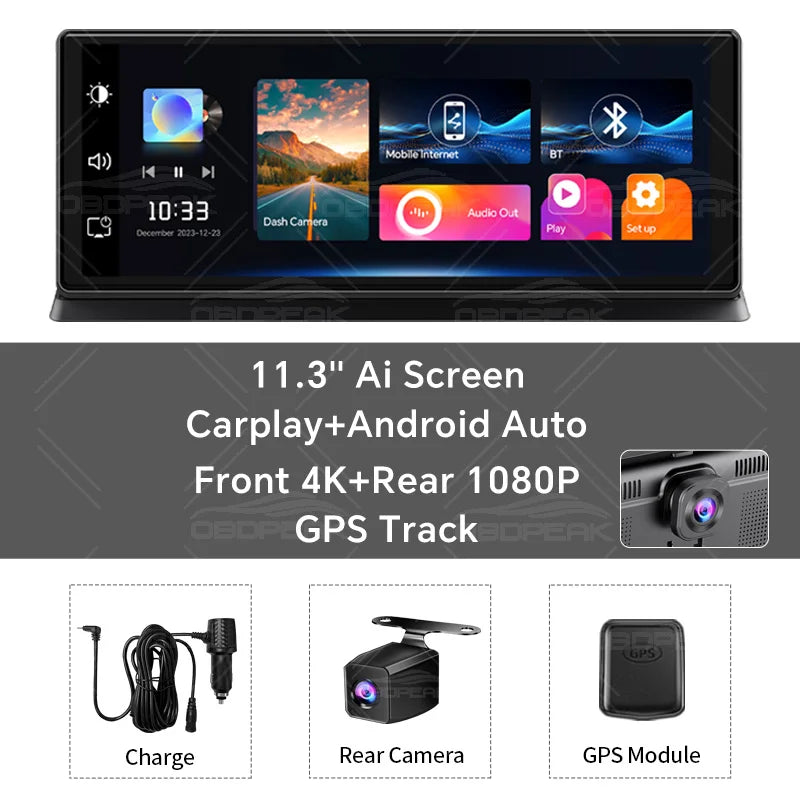 K2 Pro Dash Cam 11.3" Rearview Camera 4K 2160P DVR Carplay & Android Auto GPS Navigation Video Recorder Dashboard 5G WiFi AUX