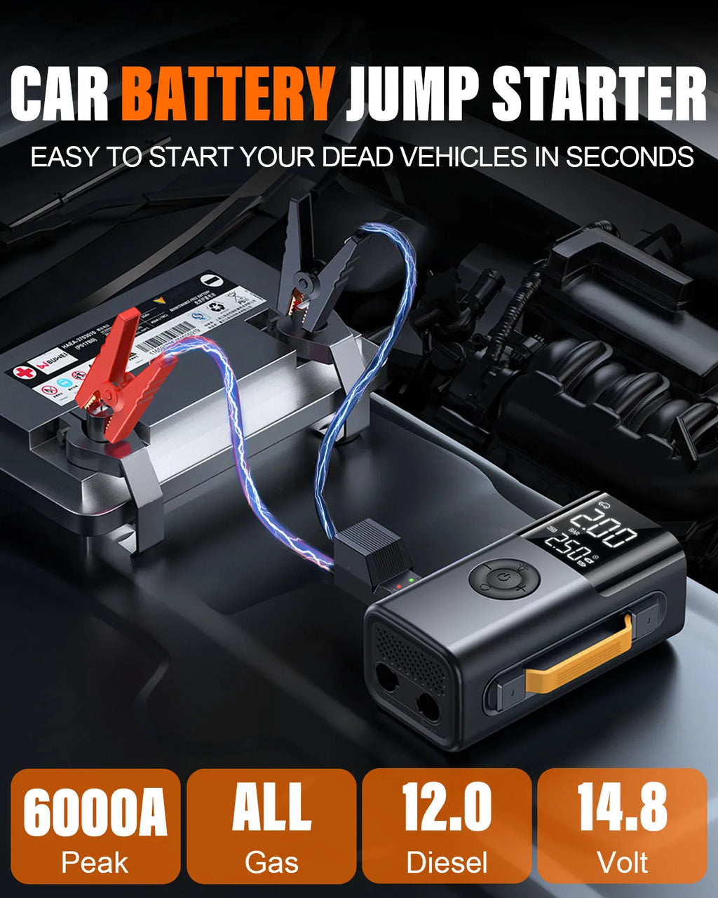 Car jump starter 6000A Jump Starter 150PSI Air Pump Multifunctional Tire Inflator Power Bank Lighting for Car CM World