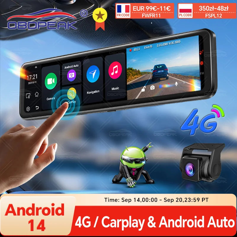 D90 11.26" 4G+64G 4G Android 14 AI Screen GPS Navigation Carplay Android AUTO Dual Lens Dash Cam RearView Mirror Video Recorder