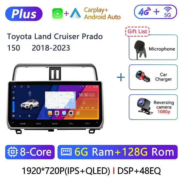 12.3" 2 Din Android Car Radio Multimedia DVD Player For Toyota Land Cruiser Prado 150 2018-2023 Navigation GPS Carplay Head Unit CM World