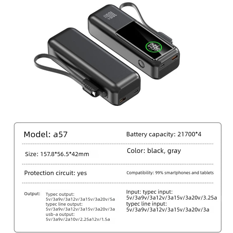 【CCC】100W Super Fast Charging Power Bank with Built-in Cable High Capacity Portable Charger for Laptops Mobile Phones Tablets