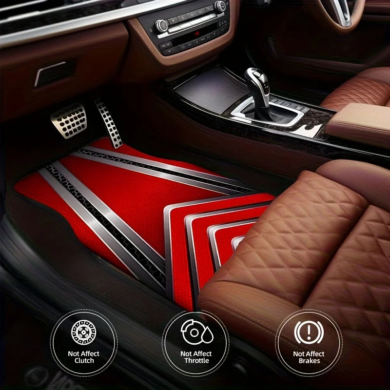 4PCS Polyester Fiber Red and Black Geometric Pattern Cool Car Floor Mats Durable, Universal, Suitable for Cars, Trucks, and SUVs