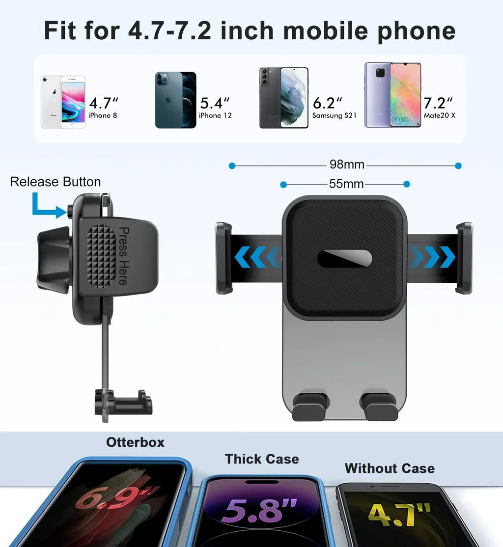 Car Phone Holder for Vent - Air Vent Cell Phone Mount for Car, Acrylic Hands Free Automobile Cradle Clip Stand, 4-7" Cellphones