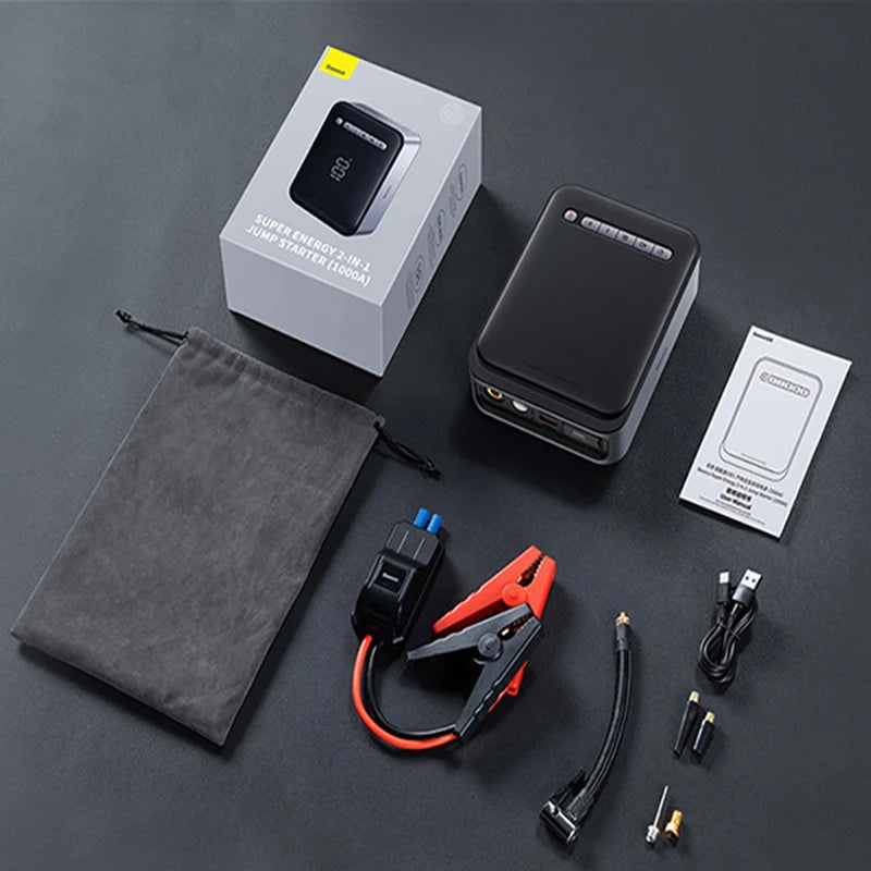 Baseus 2 In 1 Car Jump Starter With Wireless Tire Inflator Pump 1000A Portable Power Station Battery Booster Emergency Device