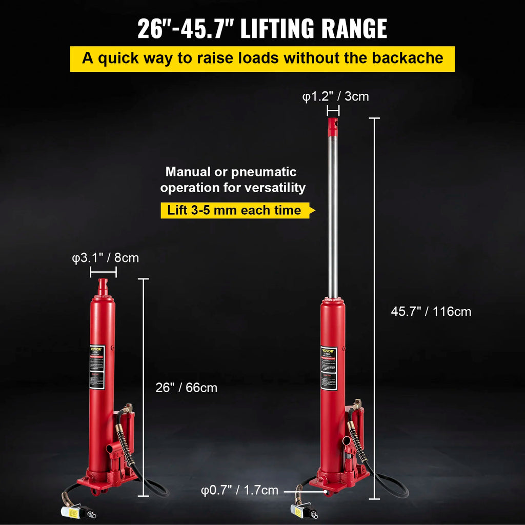 SucceBuy Hydraulic/Pneumatic Long Ram Jack 8 Tons/17363lbs Capacity with Single Piston Pump and Clevis Base Manual Cherry Picker CM World