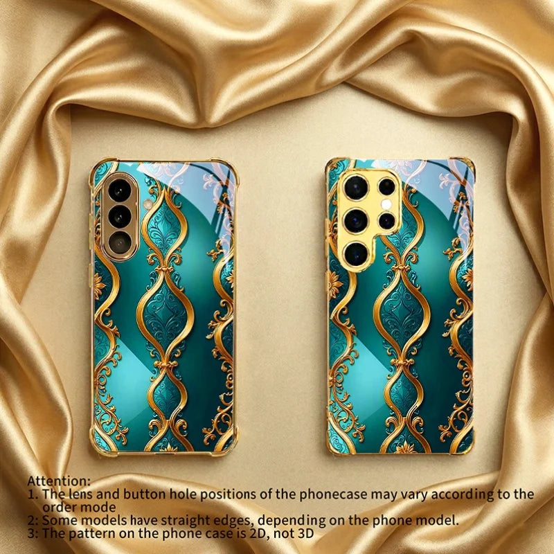 Green gold stripe Tempered Glass Fashion phone case for Samsung Galaxy S26/S25/S24/S23/S22/S21 FE Ultra Plus Dropresistant