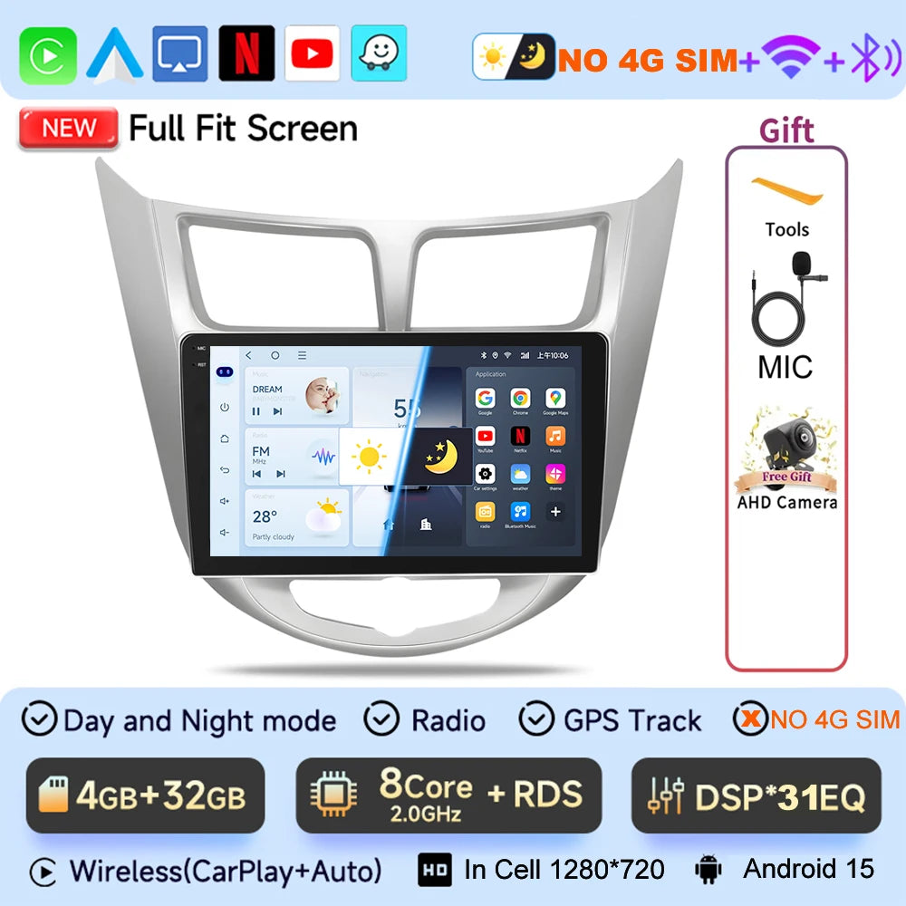 JIUYIN 9“ Android 15 Car Radio For Hyundai Accent Verna Solaris 2010-2016 Multimedia Video Player Carplay 4G WIFI GPS Head Unit CM World
