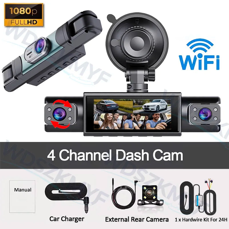 4CH Dash Cam FHD 1080P WiFi Video Recorder Car DVR 3Cam Night Vision Front left right Rear Black Box 24H Parking Loop Recording