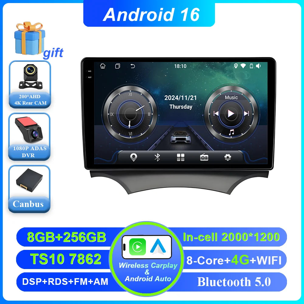 Android 16 Carplay For Ford Ka 2008 - 2014 Auto Radio Stereo Car Multimedia Video Player GPS Navigation QLED Touch Screen 4G DSP CM World
