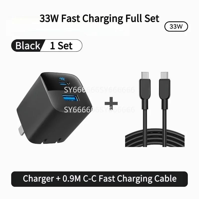 New Fast Charger Compatible With Anker 33W Black 1A1C Dual Port US Standard 100V-240V + C‑C Cable