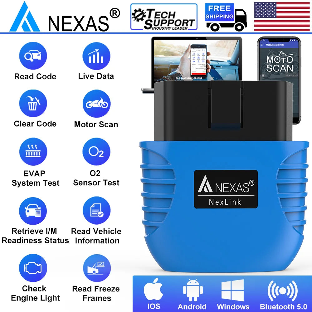 NEXAS Bluetooth 5.0 OBD2 EOBD Motorcycle Diagnostic Scanner for iOS Android Windows Fault Code Reader Diagnostic Scan Tool Car Mobile World