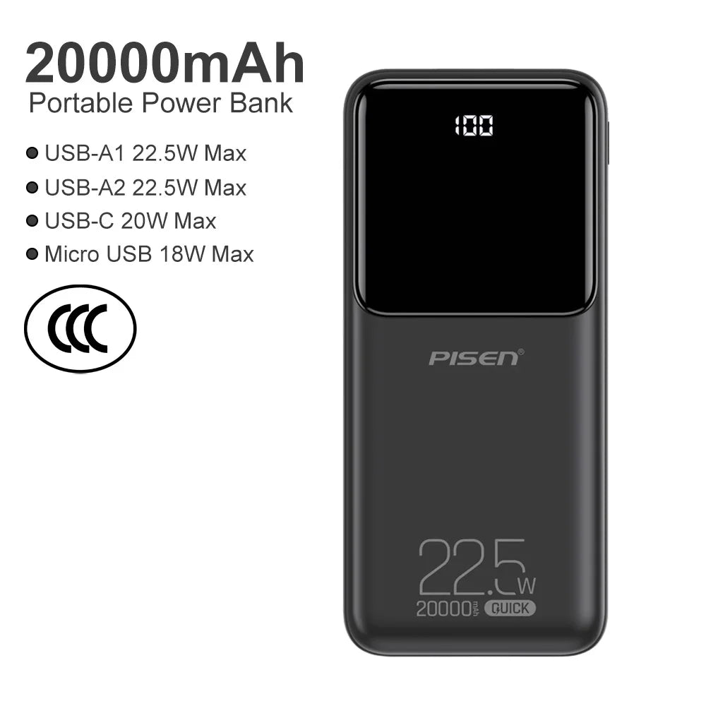 PISEN 20000mAh PD 20W Quick Power Bank SCP 22.5W Portable CCC Powerbank Fast Charging External Battery For Huawei iPhone Xiaomi Car Mobile World