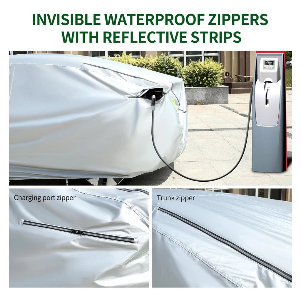 Car Cover For Tesla Model Y Car Cover Waterproof All Weather with Ventilated Mesh Charge Port Opening Zipper Door Trunk Opening