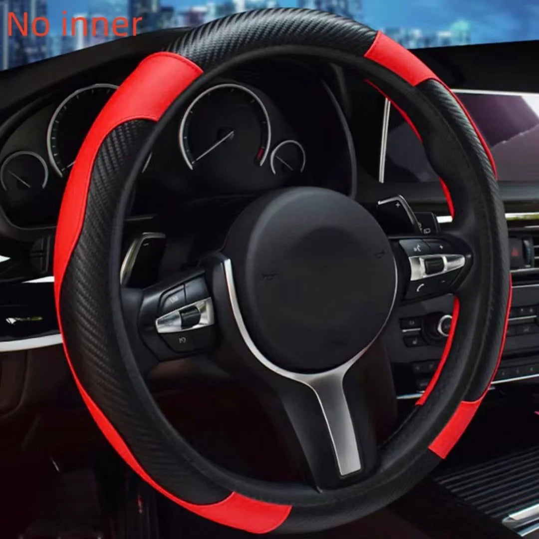 Carbon fiber pattern PU leather steering wheel cover with no inner ring design, full elasticity, anti slip and wear-resistant, m CM World