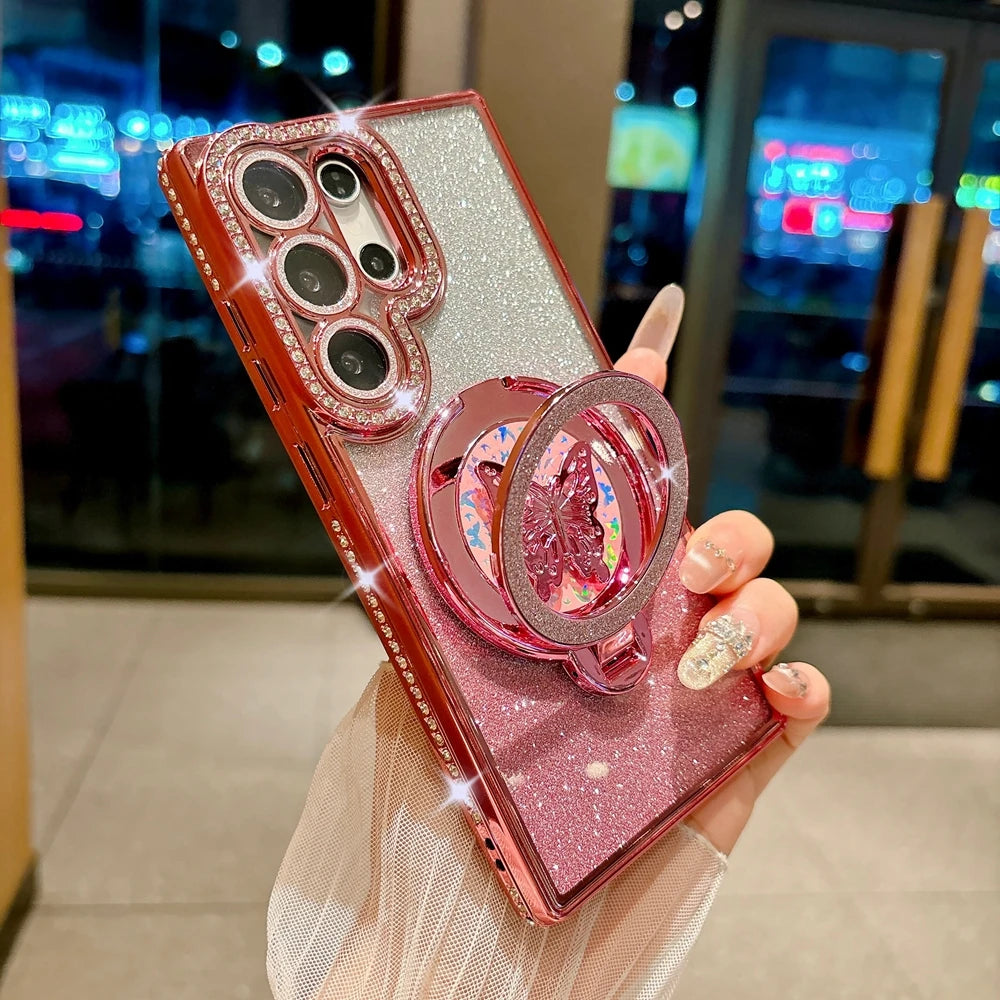Glitter Butterfly Rotating Bracket Case for Samsung Galaxy S25 S26 Ultra S24 S23 Plus S22 FE A56 A55 A16 A54 Bling Diamond Cover