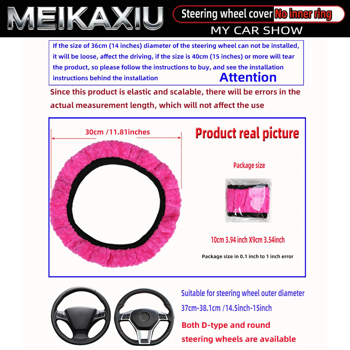 Women's Winter Plush Steering Wheel Cover Soft Elastic Short Fur Hand-Warming Car Accessory without Inner Ring