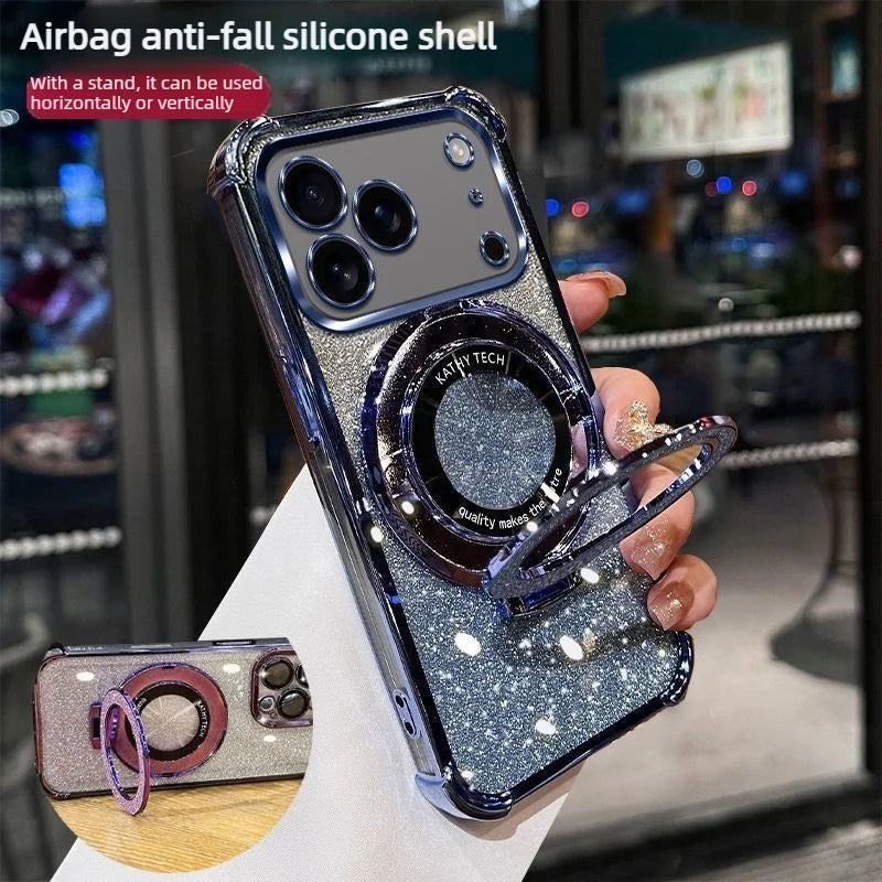 Luxury Plating Clear Glitter Stand Phone Case for IPhone 17 Pro Max 17E Air 16 15 14 Plus 13 Pro Shockproof Four Coner TPU Cover Car Mobile World