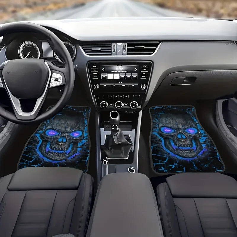 Cool Skull Design 4pcs Car Floor Mat Set - Non-Slip, Absorbent Polyester Mats for Fit - Stylish Auto Interior Accessories