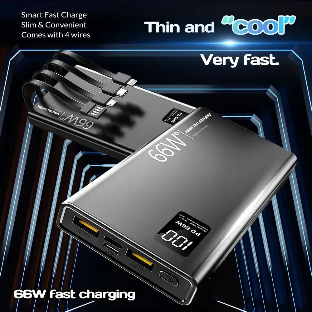 50000mAh Power Bank For Xiaomi iPhone Samsung 66W Super Fast Charging For 22.5W  Built-in 4 Cables Portable Digital Powerbank Car Mobile World