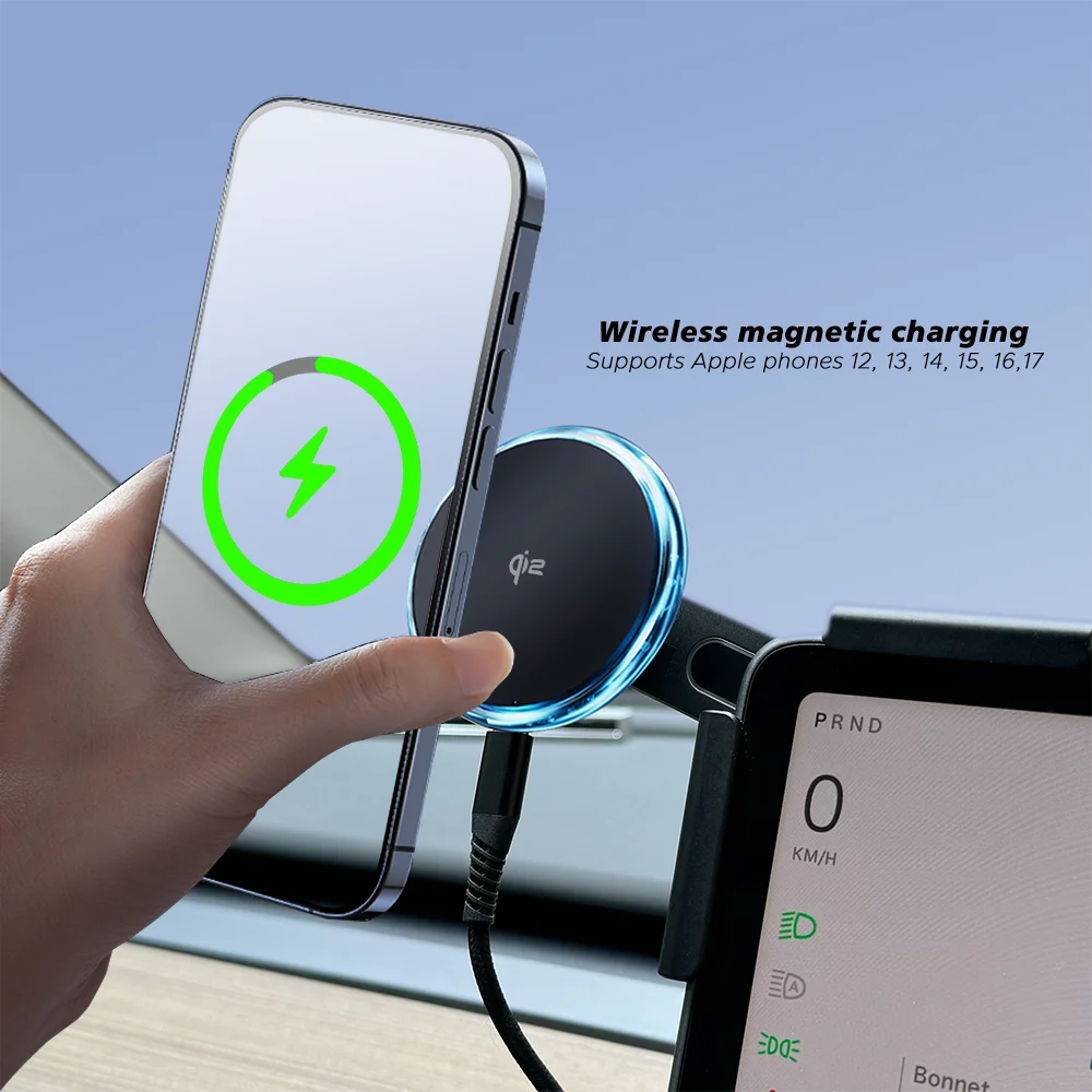 Qi2 15W Magnetic Wireless Charger Phone Holder Screen Mount Compatible with MagSafe For Tesla Model Y 3 Juniper Launch 2026 2025 CM World