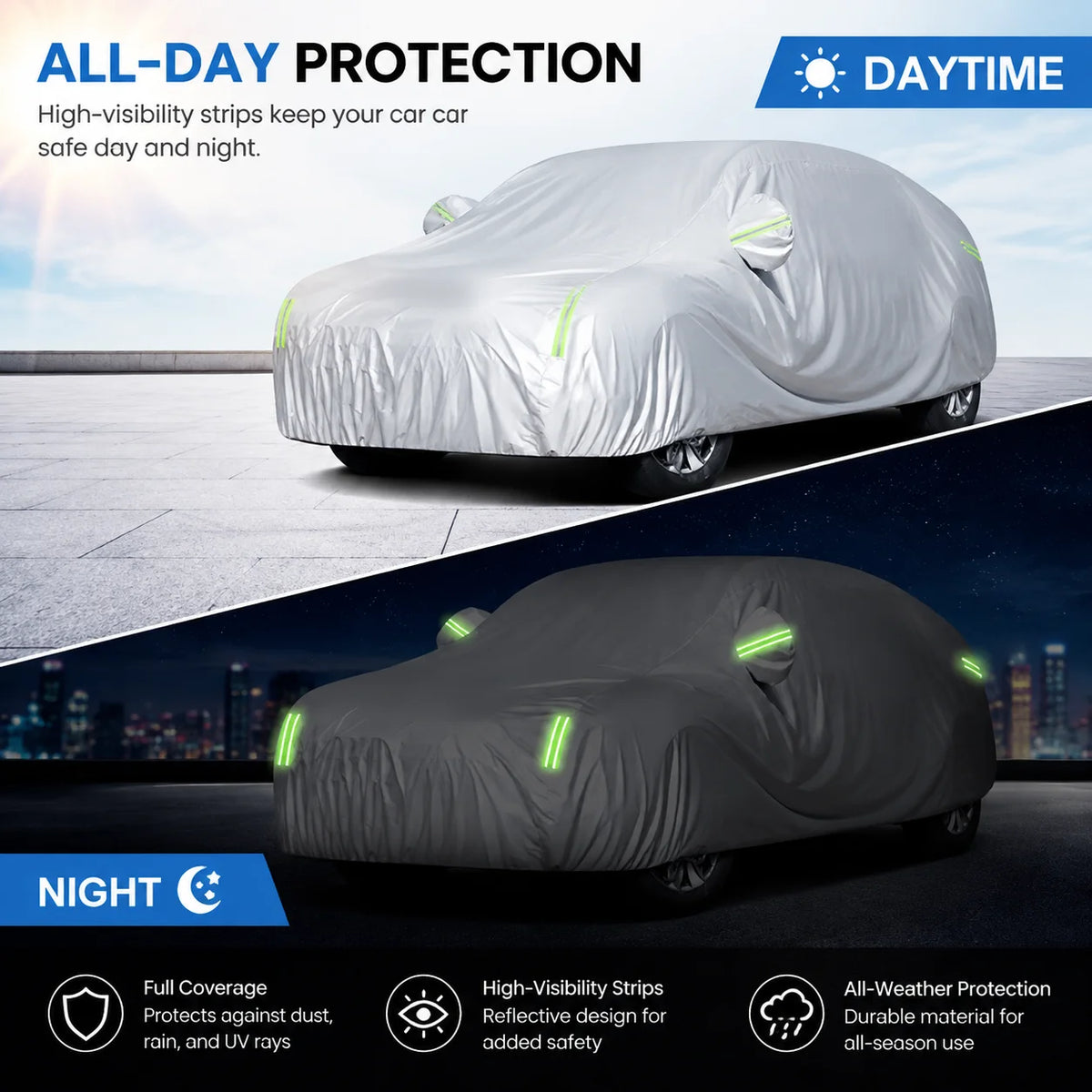 190T Breathable Full Exterior Car Cover, Outdoor Sun Shade, Snow, Dust & UV Ray Protective Cover Fit for Hatchback & Sedan