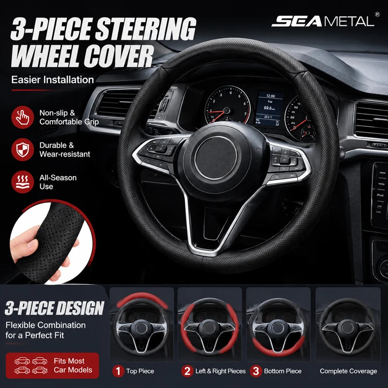 SEAMETAL 3Pcs Universal Car Steering Wheel Cover Premium Leather Ultra-Slim Fit Non-slip Flexible Collocation Protection Cover