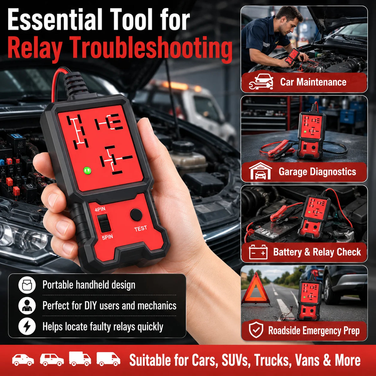2026 Newest Red Relay Tester 12V Universal Automotive Relay Detector Electronic Car Circuit Tester Battery Checker Auto Repair D