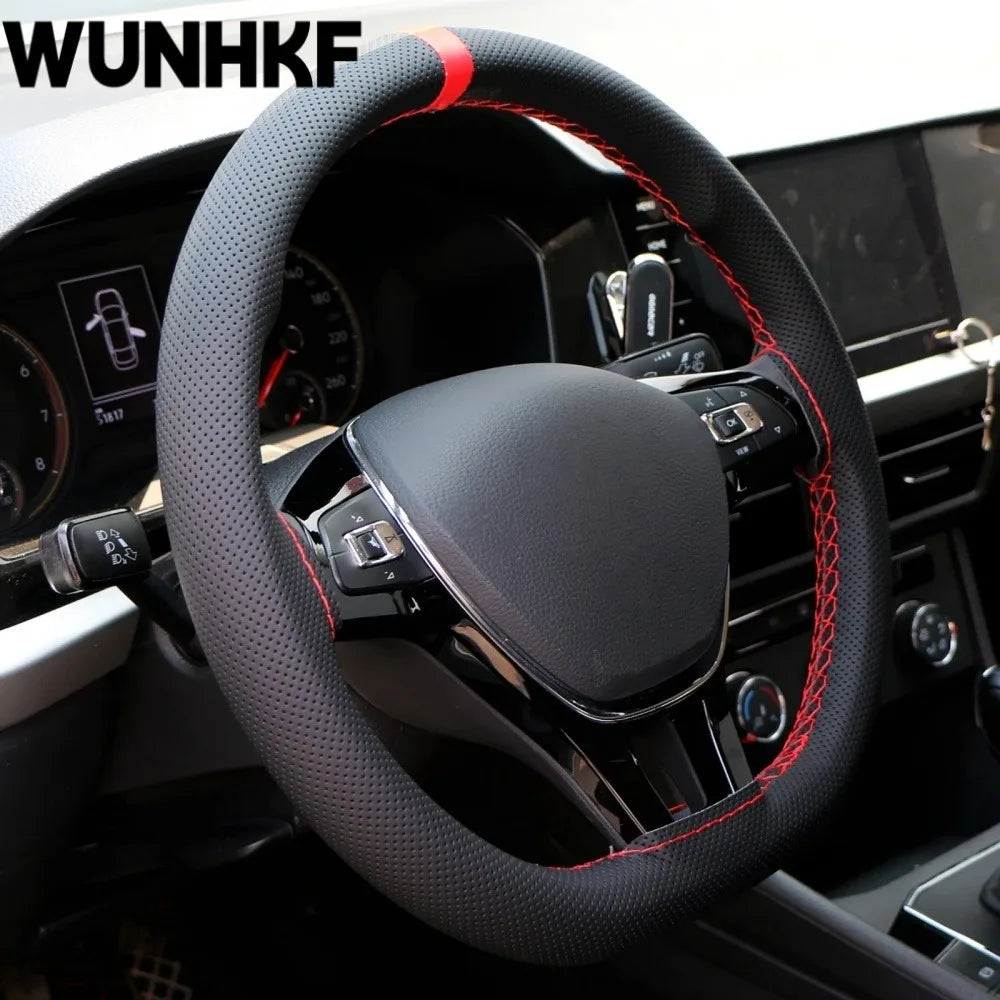 Hand Stitched 37-39cm Car Steering Wheel Cover,Perforated Microfiber Leather, Wear Resistant Non-Slip Steering Wheel Protector
