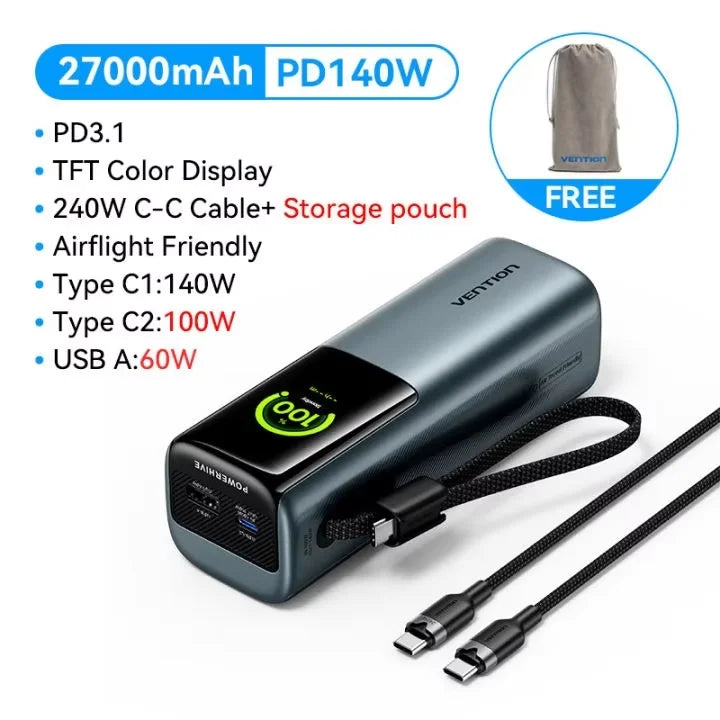 Vention 200W Power Bank 27000mAh PD 3.1 140W Max Portable PowerBank for Laptop PD Fast Charging for iPhone 17 16 Samsung S25 S24 Car Mobile World