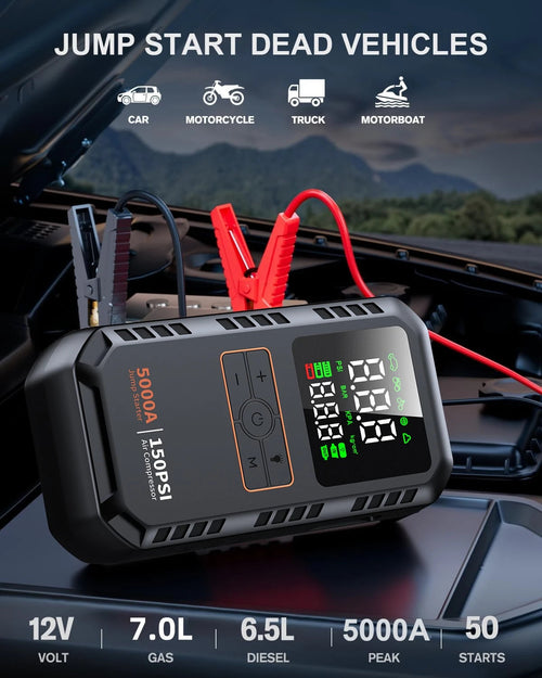 4-IN-1 Car Jump Starter with Air Compressor Peak 5000A Auto Battery Booster 150PSI Air Pump Portable Power Bank Tire Inflator CM World
