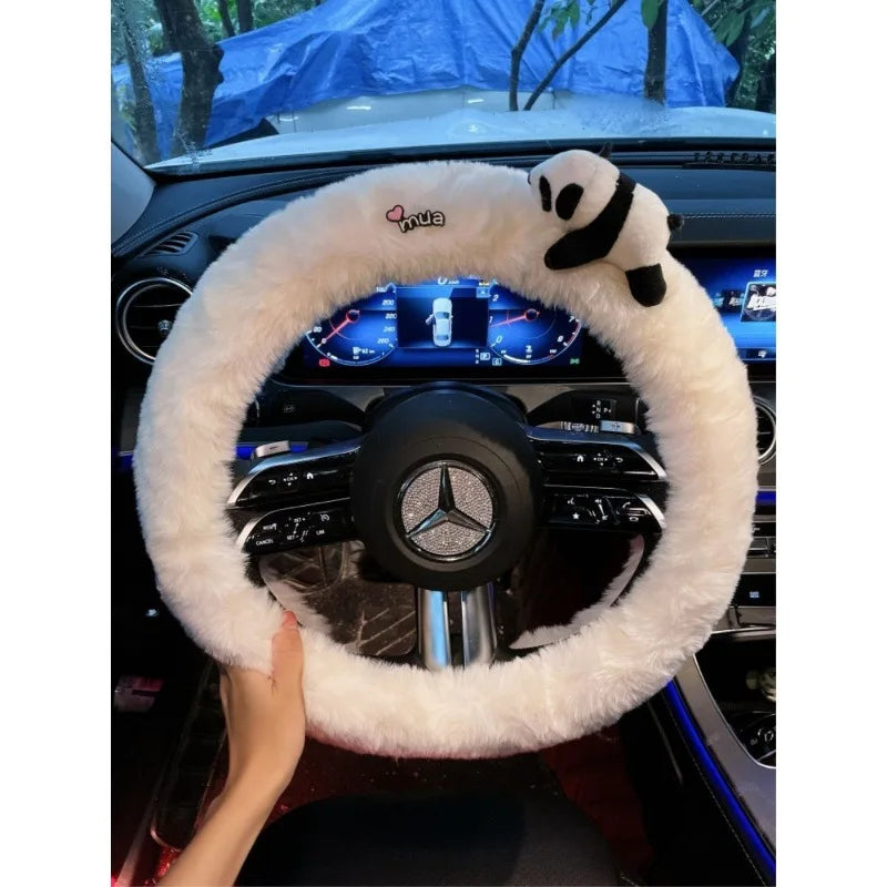 5PCS/Set Panda Plush Steering Wheel Cover for Winter Warm Non-Slip Handle & Gear Shift Cover for Women Car Interior Accessories CM World