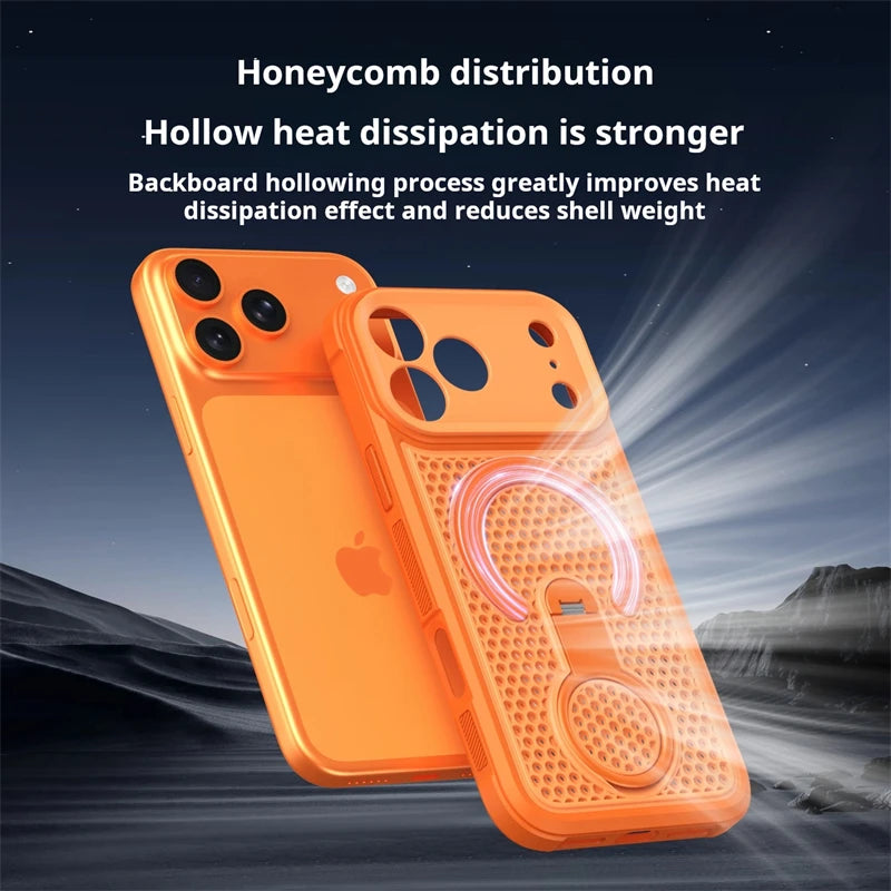 360° Rotate Ring Holder Magnetic Mesh Heat Dissipation Case for iPhone 17 16 15 14Plus 13 12 11 18 Pro Max Air For Magsafe Cover
