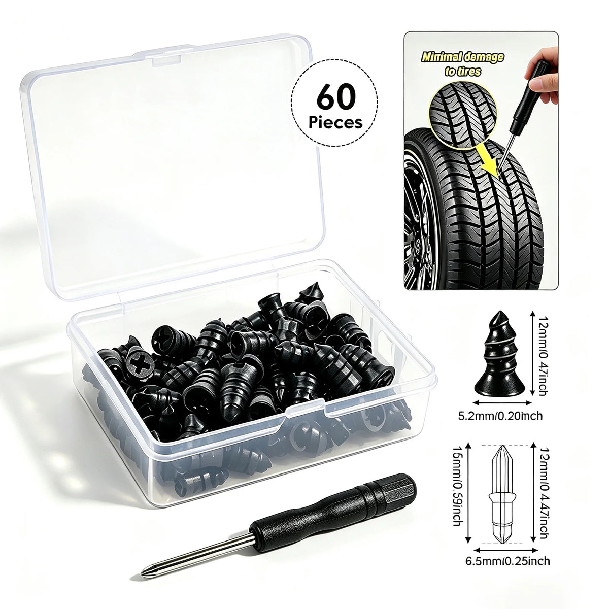 Universal Tubeless Tyre Repair Kit with Screwdriver Storage Box Rubber Nails for Car Truck Motorcycle Bike DIY Flat Fix
