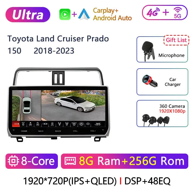 12.3" 2 Din Android Car Radio Multimedia DVD Player For Toyota Land Cruiser Prado 150 2018-2023 Navigation GPS Carplay Head Unit CM World