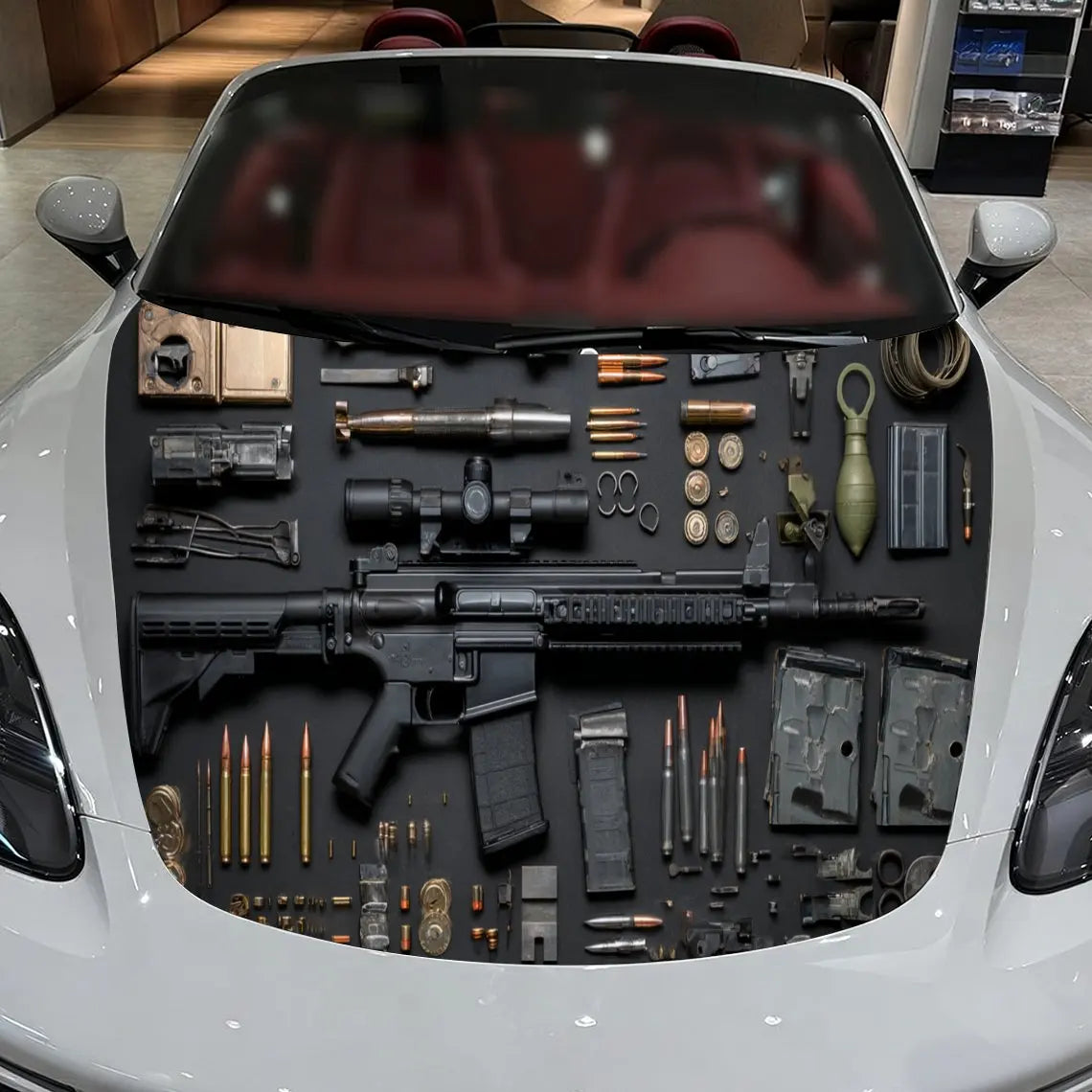 Firearms Pattern PVC Car Hood Wraps, Self-Adhesive Waterproof Car Bonnet Decal Sticker, Car Decoration Protection Stickers for T