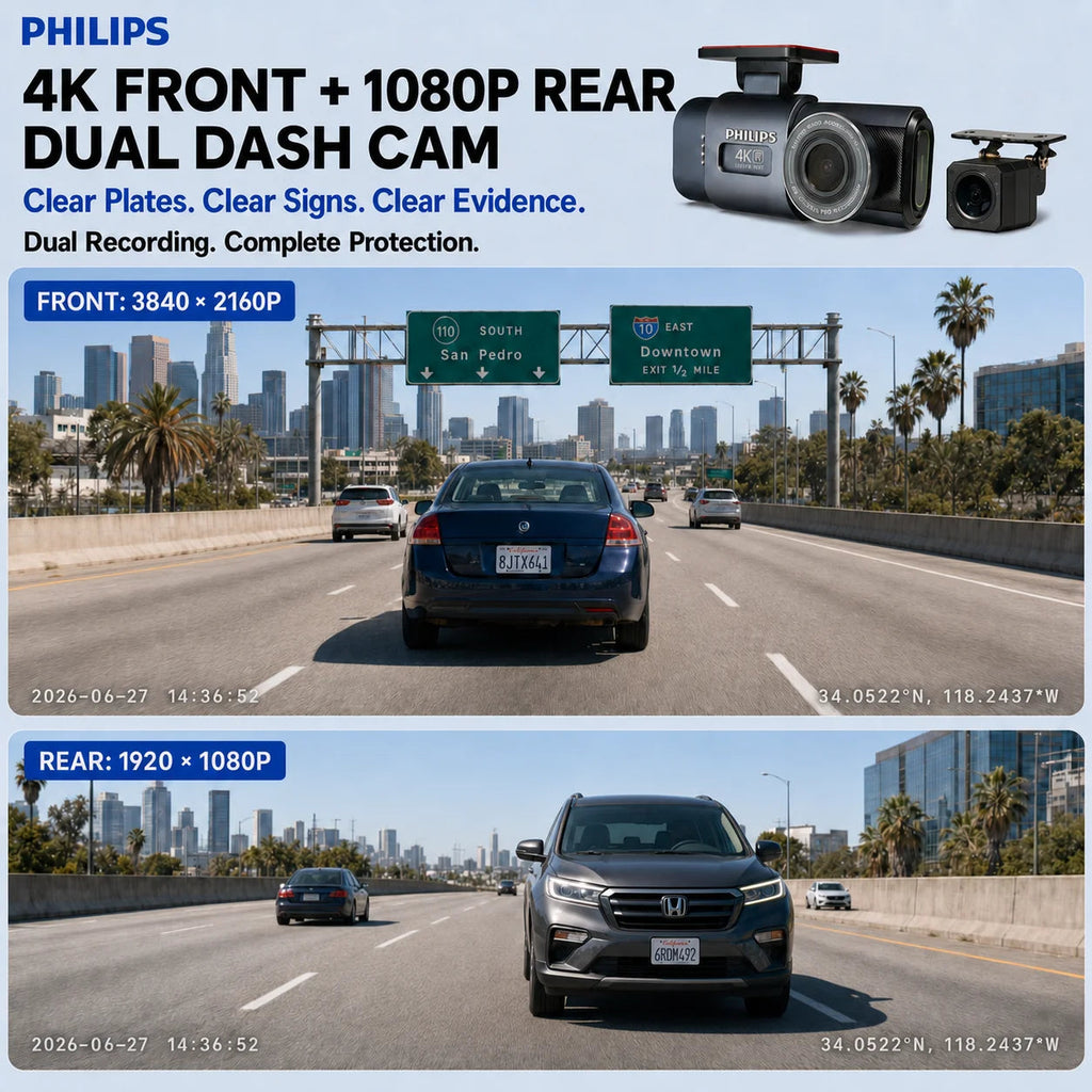 PHILIPS Dash Cam B01 4K+1K HDR Front and Rear Dual Camera 2.4GHz & 5GHz WiFi GPS 24H Parking Monitor Car DVR Video Recorder Car Mobile World