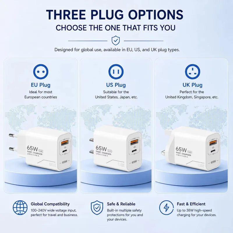 Lenovo 65W GaN USB C Charger 2-Port Fast Charging Phone Charger Power Adapter For iPhone Samsung Type C EU/US Plug Wall Charger