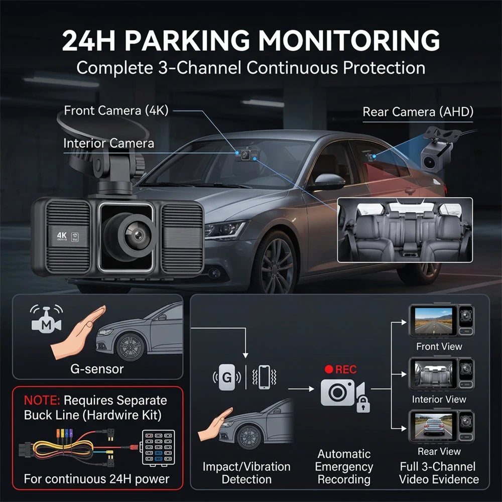 4K Dash Cam 3 Lens Driving Recorder WiFi Car DVR Front Inside Rear Triple Camera 2160P UHD Video Recorder 24H Parking Monitor