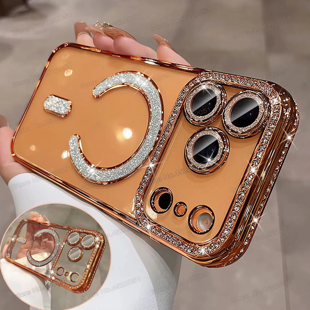 Plating Glitter Rhinestone Diamond Magnetic Phone Case For iPhone 17 Pro Max Air 17Pro For Magsafe Wireless Charging Clear Cover