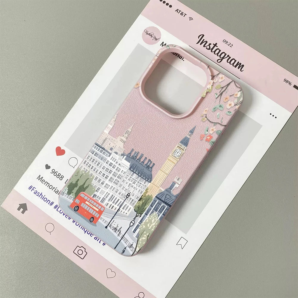 Matte Leather Finish Case For Iphone 17 Pro Max 16 15 14 13 12 11 17E Air London Landscape Silicone Anti Shock Cover