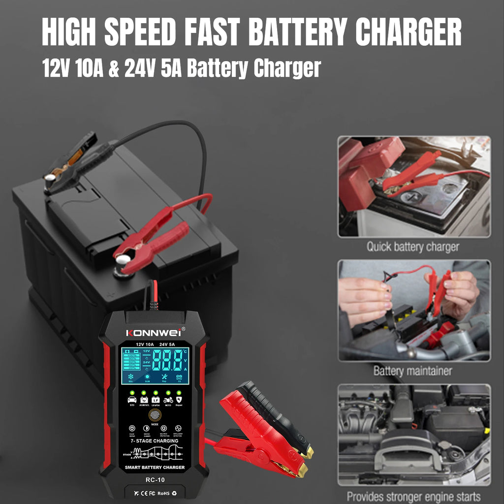 2026 New KONNWEI RC-10 Car Quick Battery Charger 12V 10A 24V 5A Pulse Repair Tool for Car Truck Lead Acid AGM Battery Maintainer