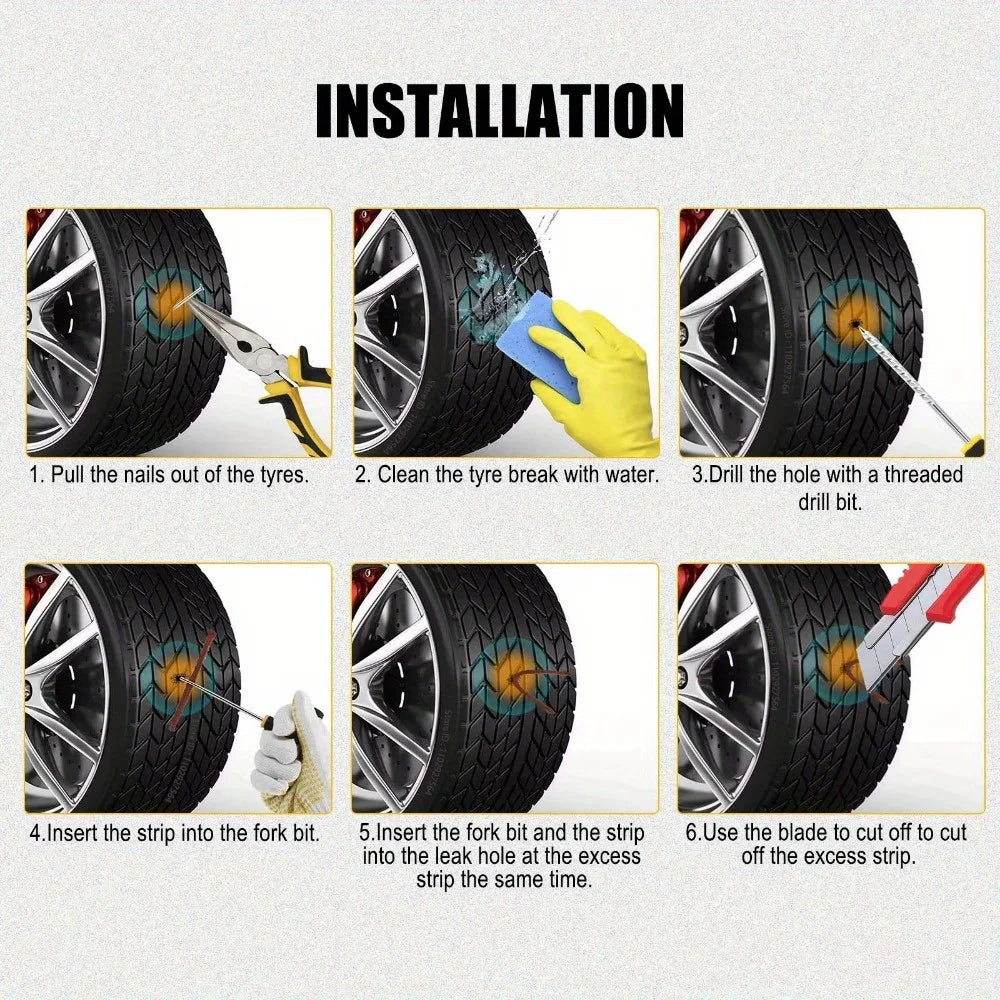 All-in-One Tire Repair Kit: Car Motorcycle Bike Truck Emergency Puncture Plug Tool with Rubber Strips - Roadside & Garage Use CM World