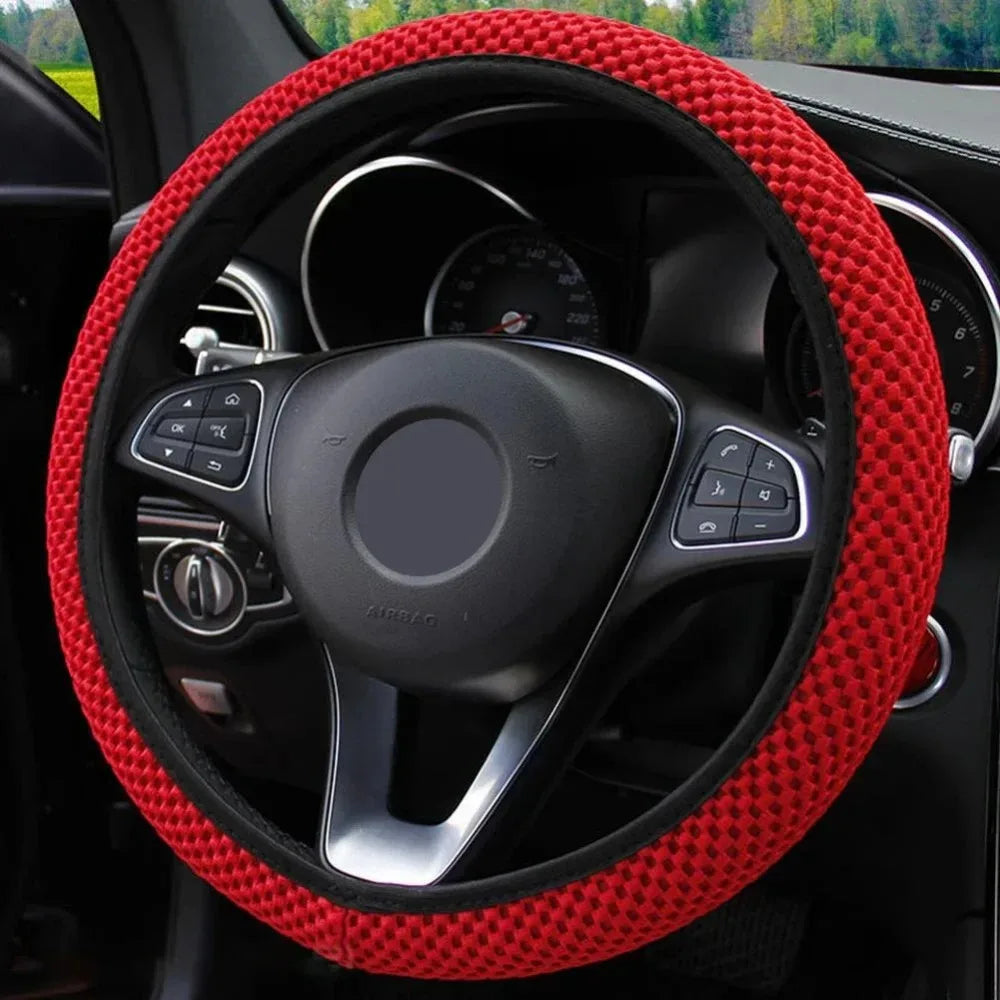 Universal 38cm car steering wheel cover with anti slip and sweat absorbing ring, elastic grip for easy installation and removal