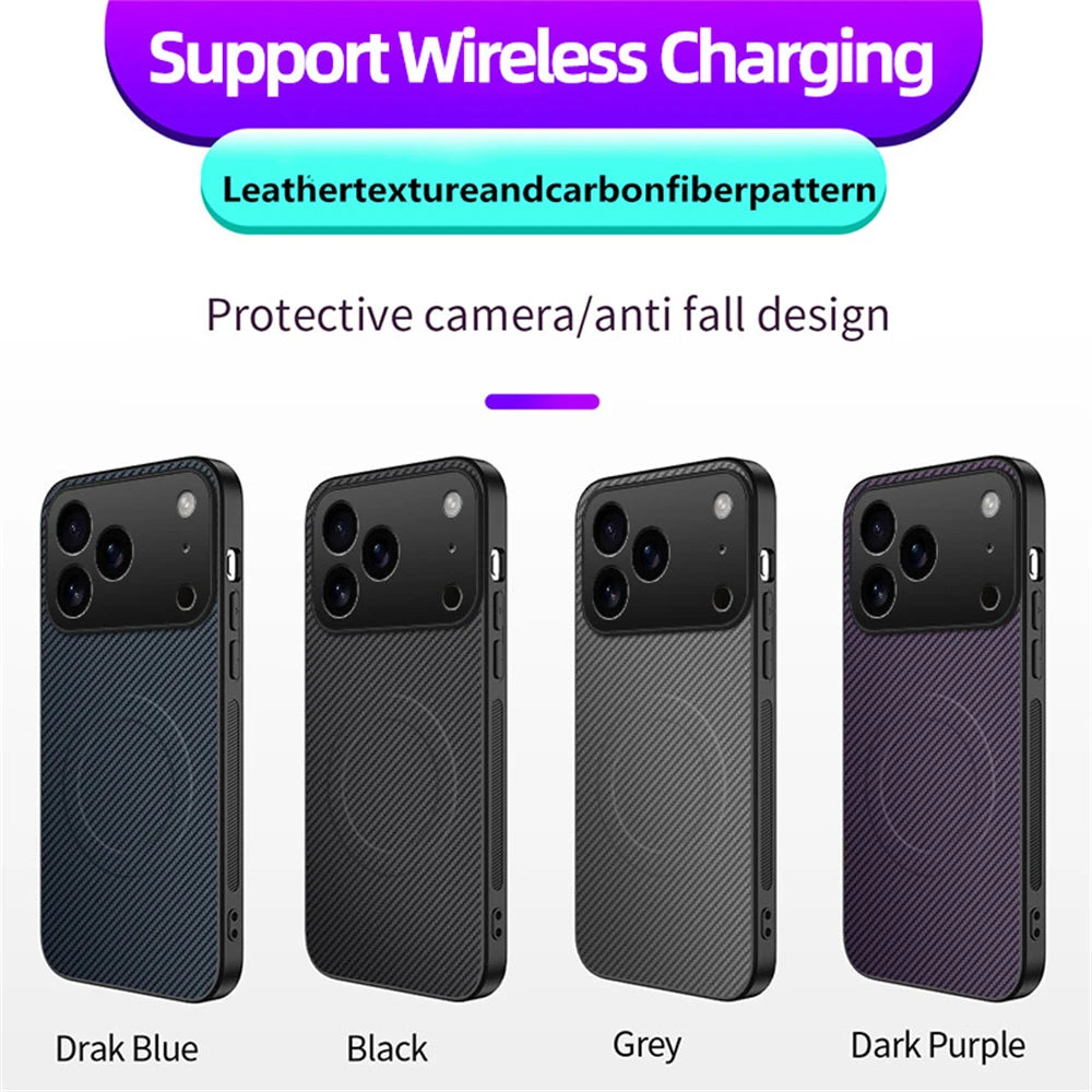 Luxury Ultra Thin Carbon Fbier Magnetic Leather Case for iPhone 18 17 16 15 14 13 Pro Max Air16E Magsafe Wireless Charging Cover