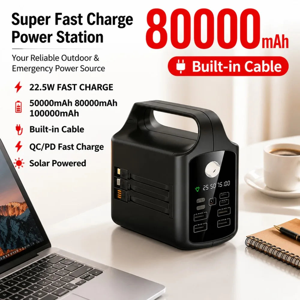 Built-in Cable 22.5W Fast Charging 80000mAh Solar Power Bank, High Capacity Portable Charger for Outdoor Camping & Emergency