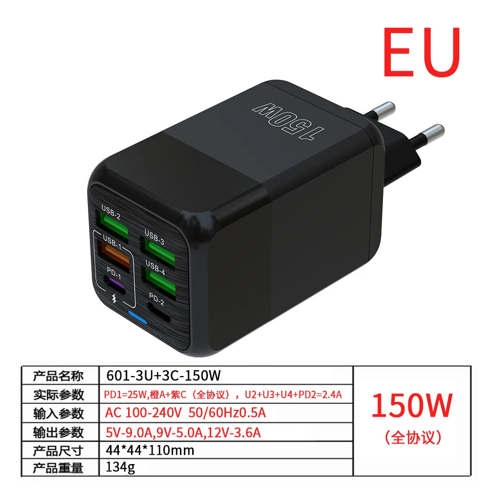 150W 6 Ports Pd QC 4.0 Usb C Fast Charger Wall Adapter Super Fast Charging For Iphone Samsung Ipad Xiaomi Huawei Oneplus Oppo Car Mobile World